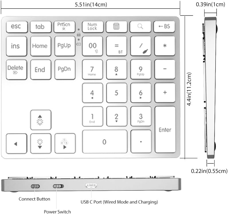 Tri-Mode Wireless Aluminum Number Pad | Bluetooth 5.0 / 2.4G / USB-C | 7-Color Backlit | Slim Low-Profile Rechargeable Numeric Keypad
