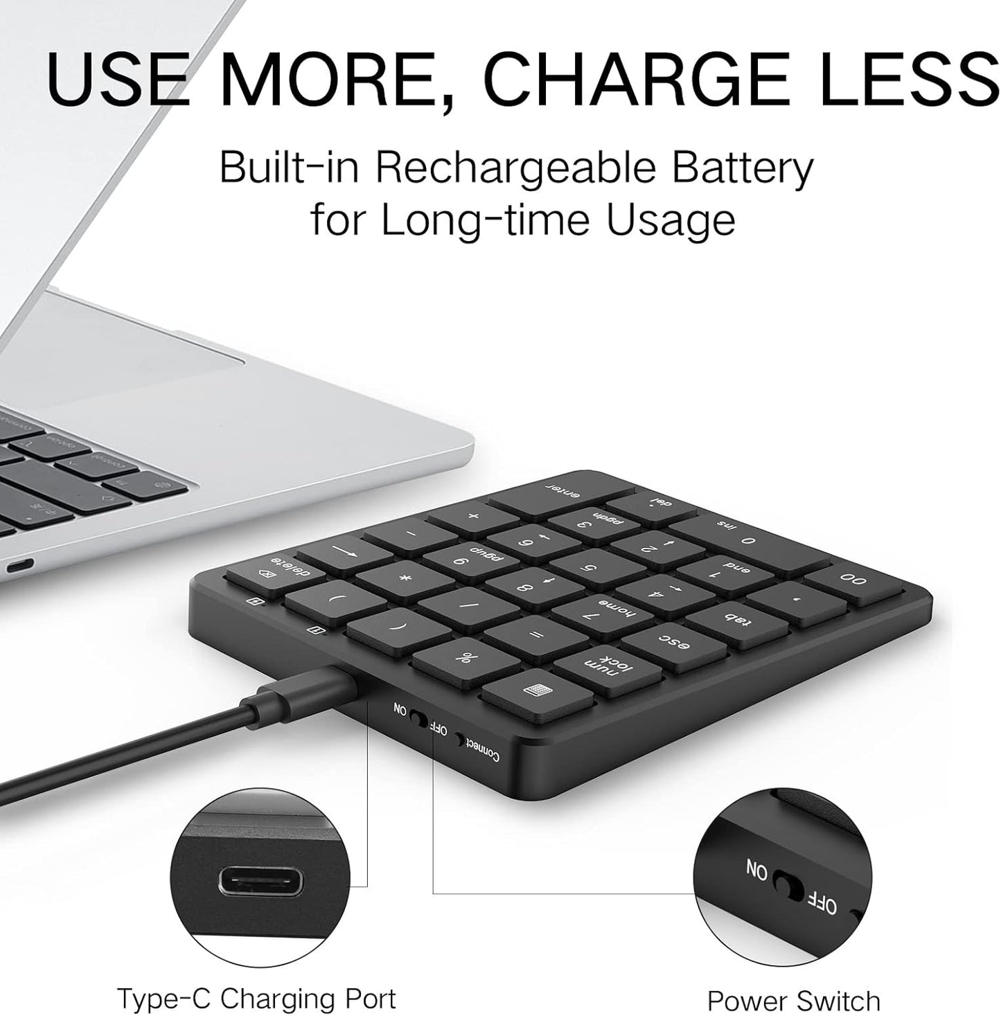 28-Key Wireless Numeric Keypad | 2.4G USB-A Receiver | Rechargeable Portable Number Pad for Office, Accounting & Data Entry