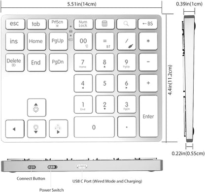 Tri-Mode Wireless Aluminum Number Pad | Bluetooth 5.0 / 2.4G / USB-C | 7-Color Backlit | Slim Low-Profile Rechargeable Numeric Keypad