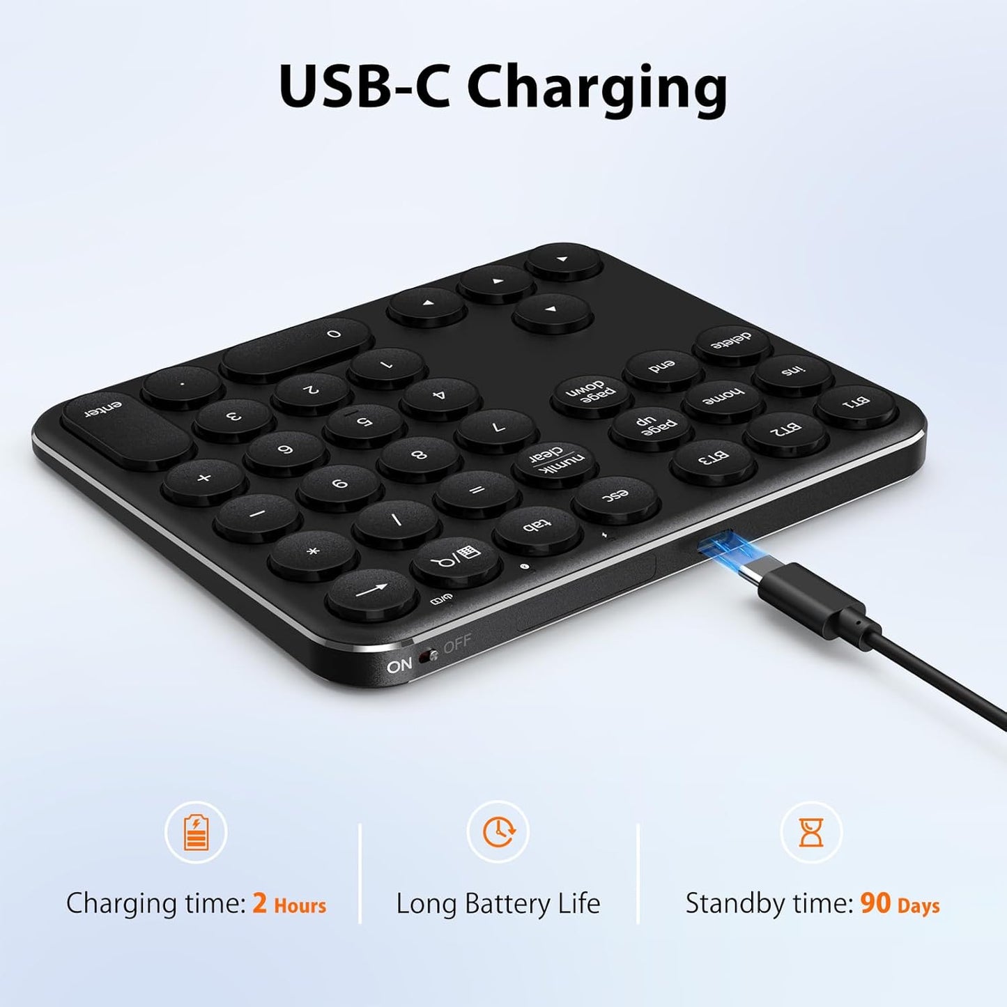 Bluetooth Multi-Device Wireless Numeric Keypad | 34-Key Slim Rechargeable Number Pad with Round Keys | USB-C Charging | Portable Silent Keypad