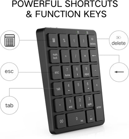 28-Key Wireless Numeric Keypad | 2.4G USB-A Receiver | Rechargeable Portable Number Pad for Office, Accounting & Data Entry