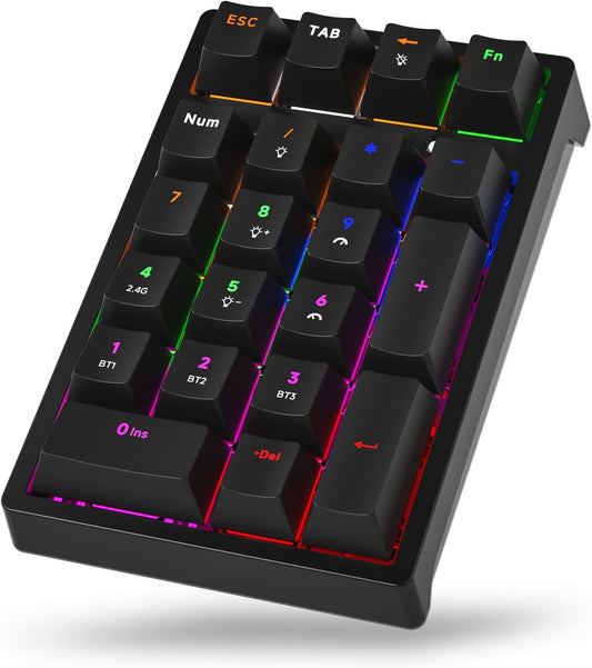 21-Key Tri-Mode Wireless Mechanical Number Pad | RGB Backlit | Compact Portable Numeric Keypad with Mechanical Switches | USB/2.4G/Bluetooth