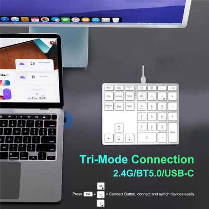 Tri-Mode Wireless Aluminum Number Pad | Bluetooth 5.0 / 2.4G / USB-C | 7-Color Backlit | Slim Low-Profile Rechargeable Numeric Keypad