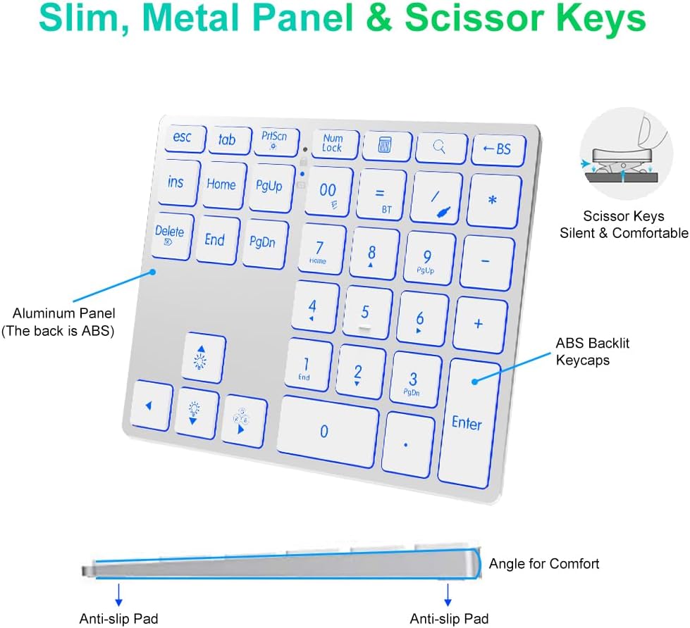 Tri-Mode Wireless Aluminum Number Pad | Bluetooth 5.0 / 2.4G / USB-C | 7-Color Backlit | Slim Low-Profile Rechargeable Numeric Keypad