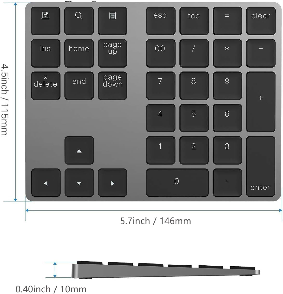 34-Key Bluetooth Wireless Aluminum Number Pad | Rechargeable Slim Low-Profile Numeric Keypad for Laptops, Tablets & Desktop Use