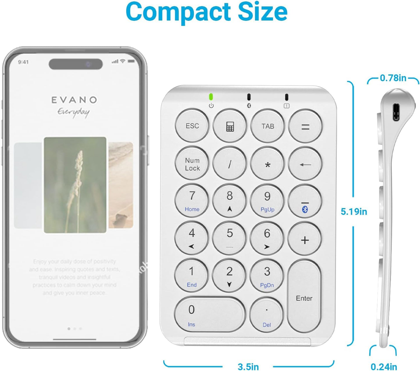 22-Key Bluetooth Wireless Numeric Keypad | Slim Aluminum Frame | Quiet Scissor-Switch Round Keys | USB-C Rechargeable Portable Number Pad