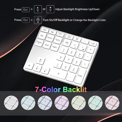 Tri-Mode Wireless Aluminum Number Pad | Bluetooth 5.0 / 2.4G / USB-C | 7-Color Backlit | Slim Low-Profile Rechargeable Numeric Keypad