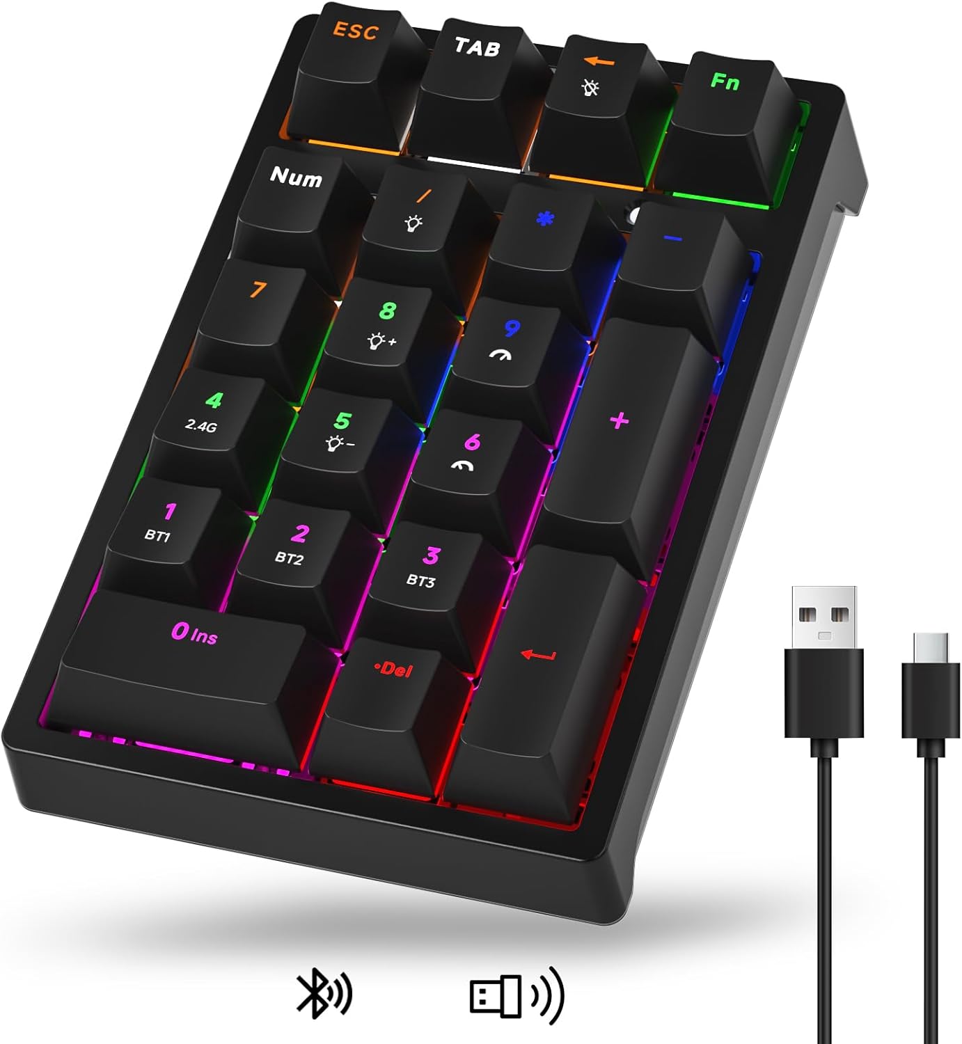 21-Key Tri-Mode Wireless Mechanical Number Pad | RGB Backlit | Compact Portable Numeric Keypad with Mechanical Switches | USB/2.4G/Bluetooth