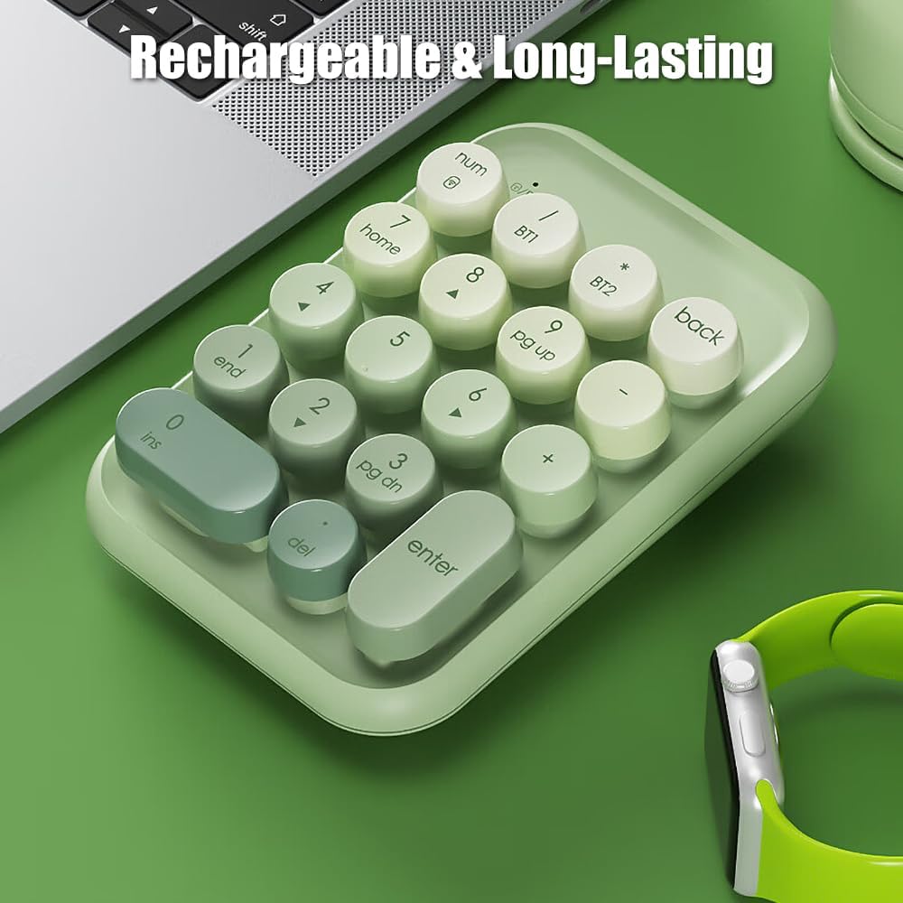 Retro Round-Key Wireless Numeric Keypad | Tri-Mode Connection (2.4G/Bluetooth/USB-C) | Rechargeable Portable Number Pad, Matcha Green