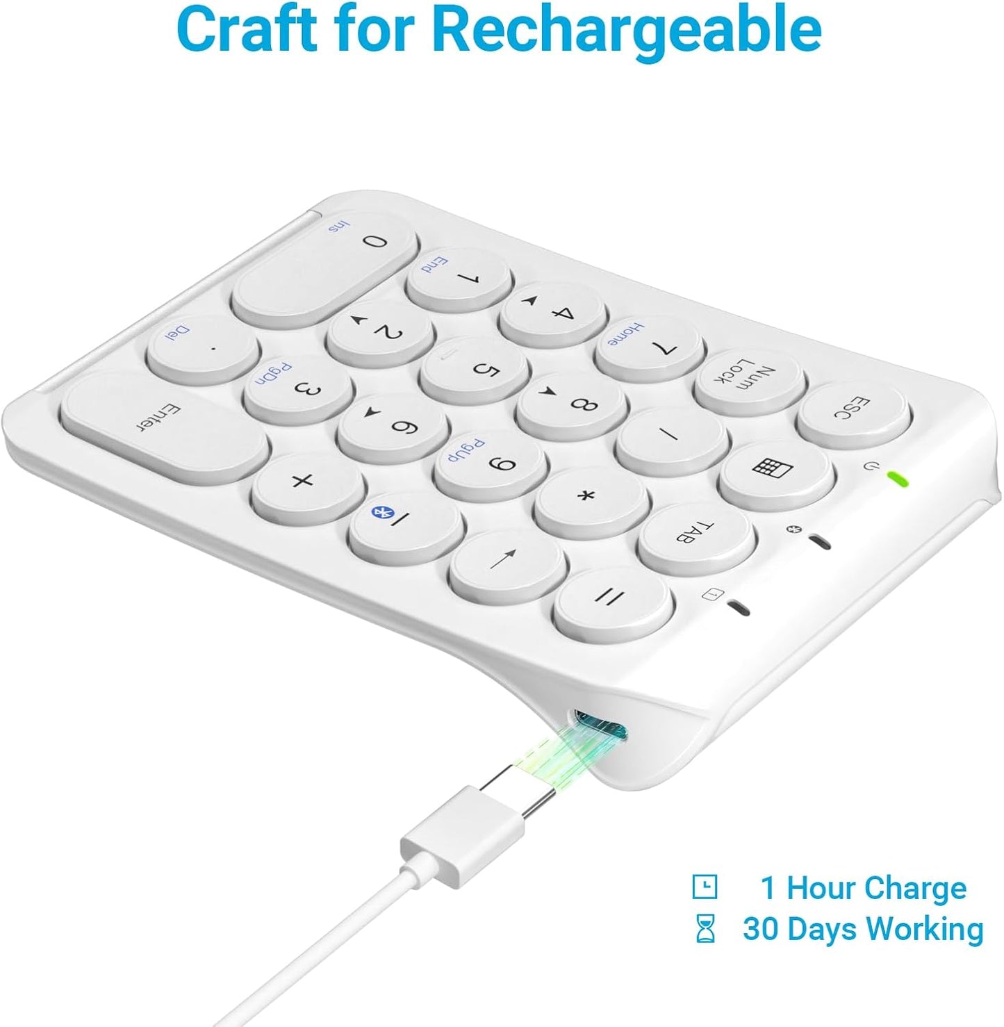 22-Key Bluetooth Wireless Numeric Keypad | Slim Aluminum Frame | Quiet Scissor-Switch Round Keys | USB-C Rechargeable Portable Number Pad