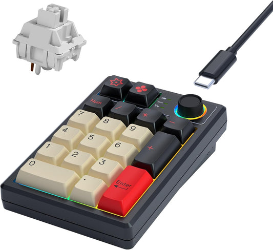 21-Key Tri-Mode Wireless Mechanical Number Pad | Hot-Swappable | RGB Backlit | Volume Control Knob | PBT Keycaps | Portable Numeric Keypad