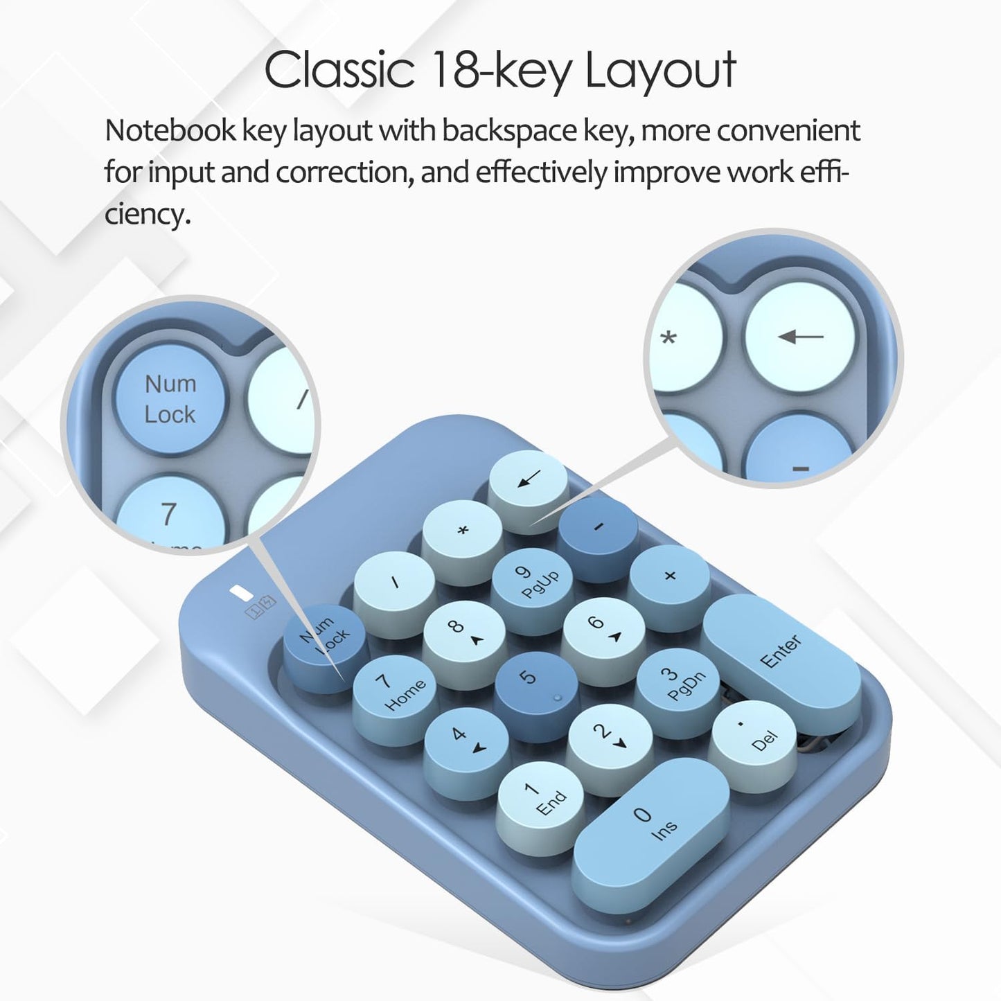 18-Key Wireless Round-Keycap Number Pad | 2.4G Stable Connection | Mini Silent Numeric Keypad with USB Receiver