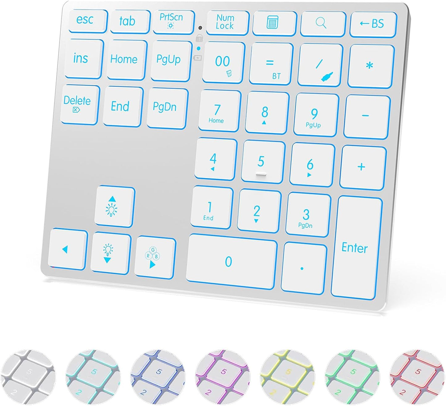 Tri-Mode Wireless Aluminum Number Pad | Bluetooth 5.0 / 2.4G / USB-C | 7-Color Backlit | Slim Low-Profile Rechargeable Numeric Keypad