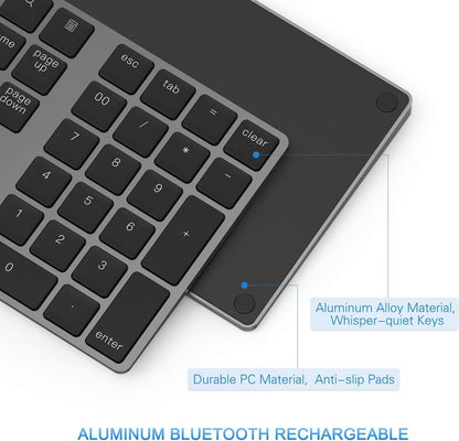 34-Key Bluetooth Wireless Aluminum Number Pad | Rechargeable Slim Low-Profile Numeric Keypad for Laptops, Tablets & Desktop Use