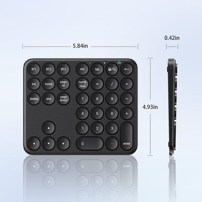 Bluetooth Multi-Device Wireless Numeric Keypad | 34-Key Slim Rechargeable Number Pad with Round Keys | USB-C Charging | Portable Silent Keypad