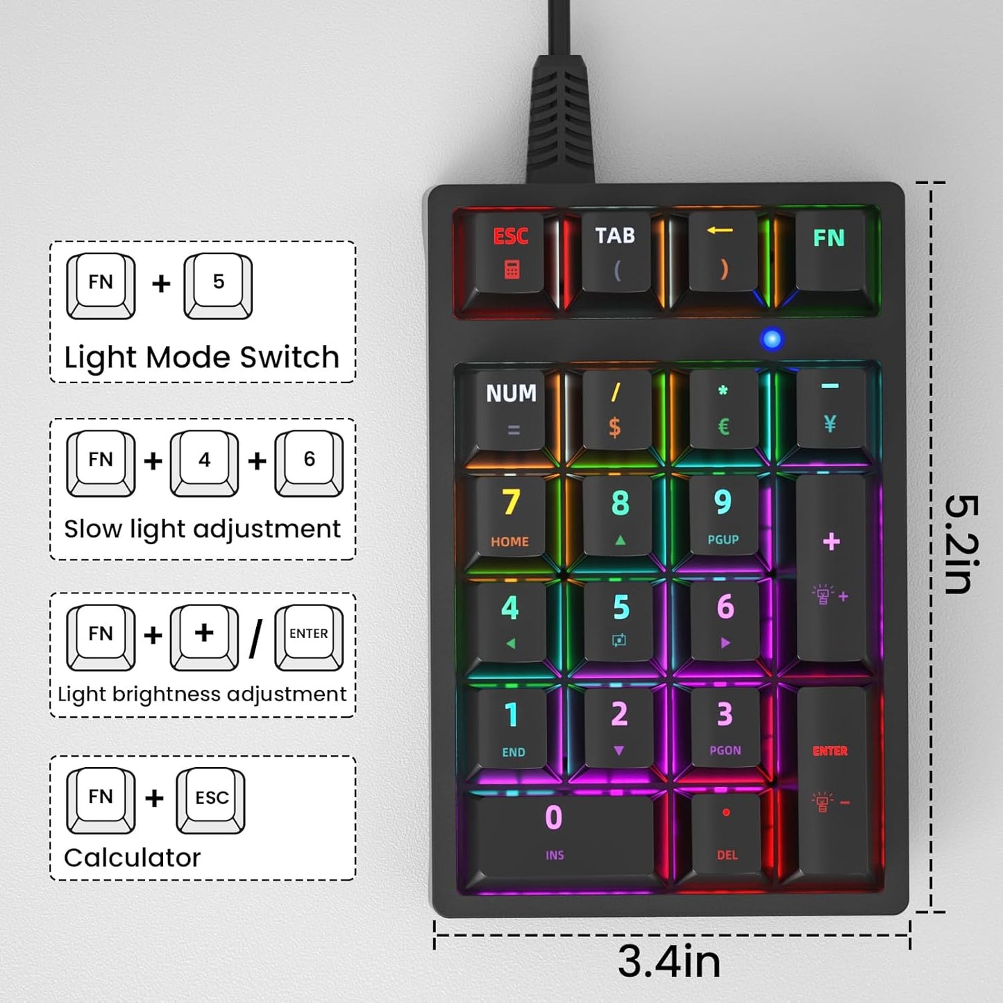 Mechanical Numeric Keypad 34 Keys | RGB Backlit Wired Number Pad | Portable Numeric Input Device for Office and Data Entry