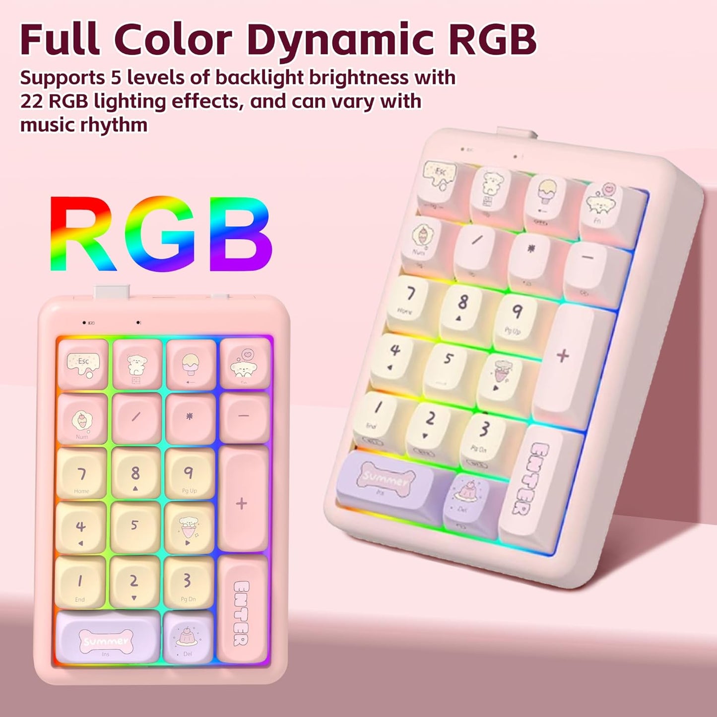 21-Key Tri-Mode Wireless Numeric Keypad | Hot-Swappable | RGB Backlit | Multimedia Hotkeys | Rechargeable Portable Pink Number Pad