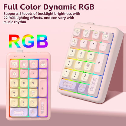 21-Key Tri-Mode Wireless Numeric Keypad | Hot-Swappable | RGB Backlit | Multimedia Hotkeys | Rechargeable Portable Pink Number Pad