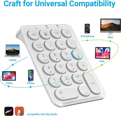22-Key Bluetooth Wireless Numeric Keypad | Slim Aluminum Frame | Quiet Scissor-Switch Round Keys | USB-C Rechargeable Portable Number Pad