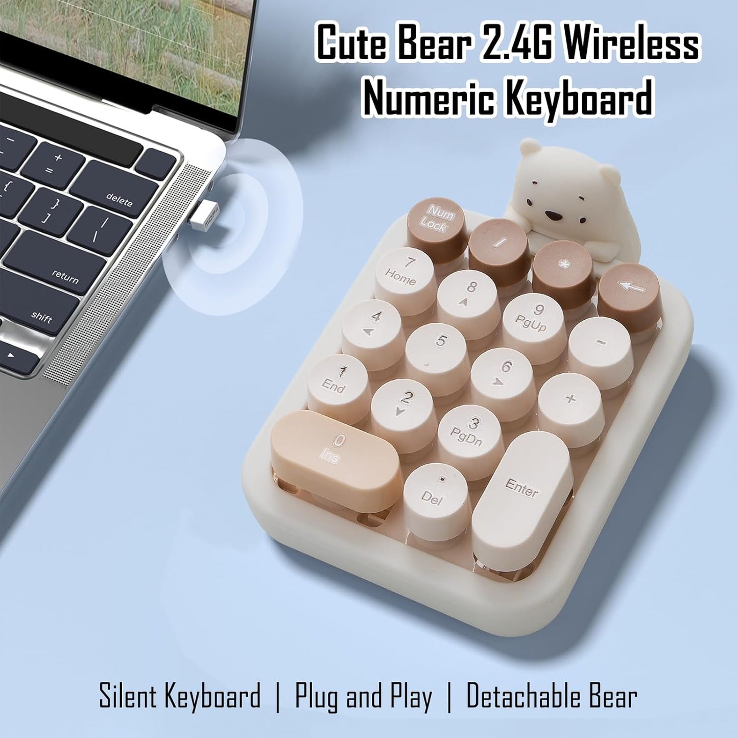 Cute Wireless Numeric Keypad with Silicone Bear | Colorful Round Keycaps | 2.4G USB Plug-and-Play Portable Number Pad
