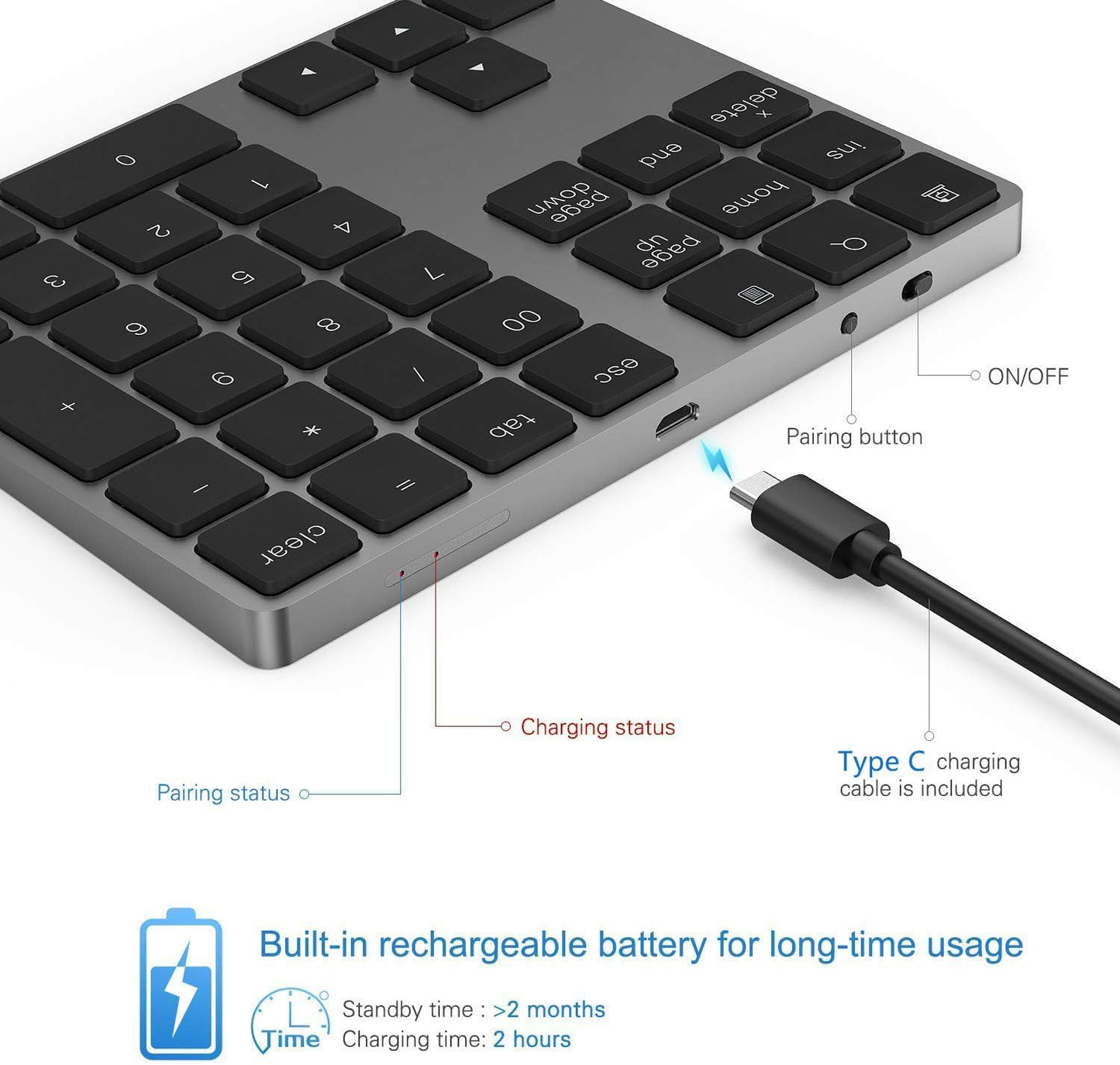 34-Key Bluetooth Wireless Aluminum Number Pad | Rechargeable Slim Low-Profile Numeric Keypad for Laptops, Tablets & Desktop Use