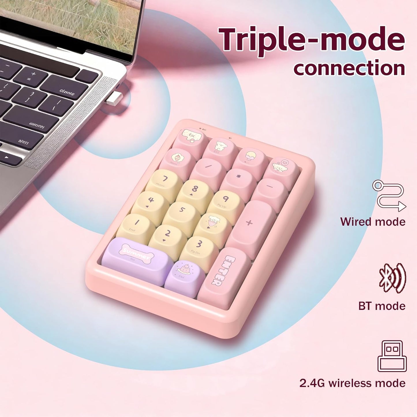 21-Key Tri-Mode Wireless Numeric Keypad | Hot-Swappable | RGB Backlit | Multimedia Hotkeys | Rechargeable Portable Pink Number Pad