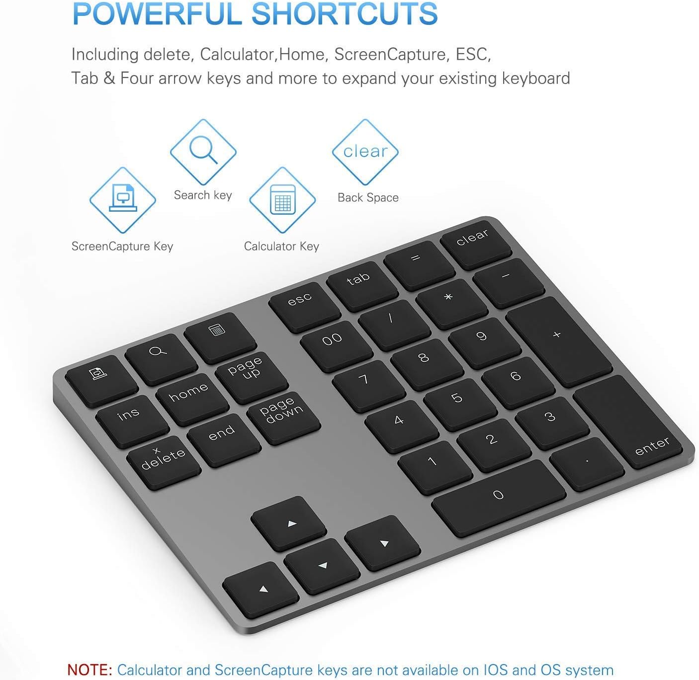 34-Key Bluetooth Wireless Aluminum Number Pad | Rechargeable Slim Low-Profile Numeric Keypad for Laptops, Tablets & Desktop Use